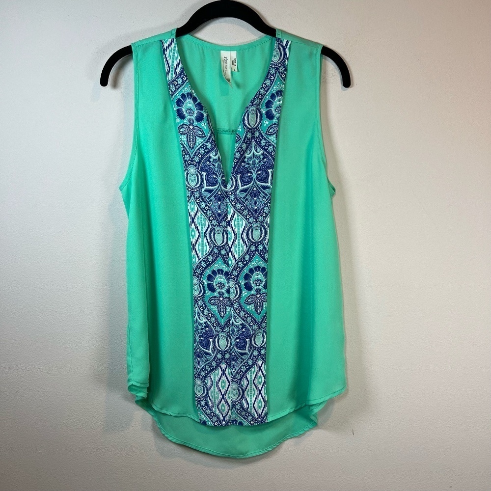 Pink Owl Sleeveless Blouse Shirt Aqua Blue Split Neck Lightweight Women's Medium